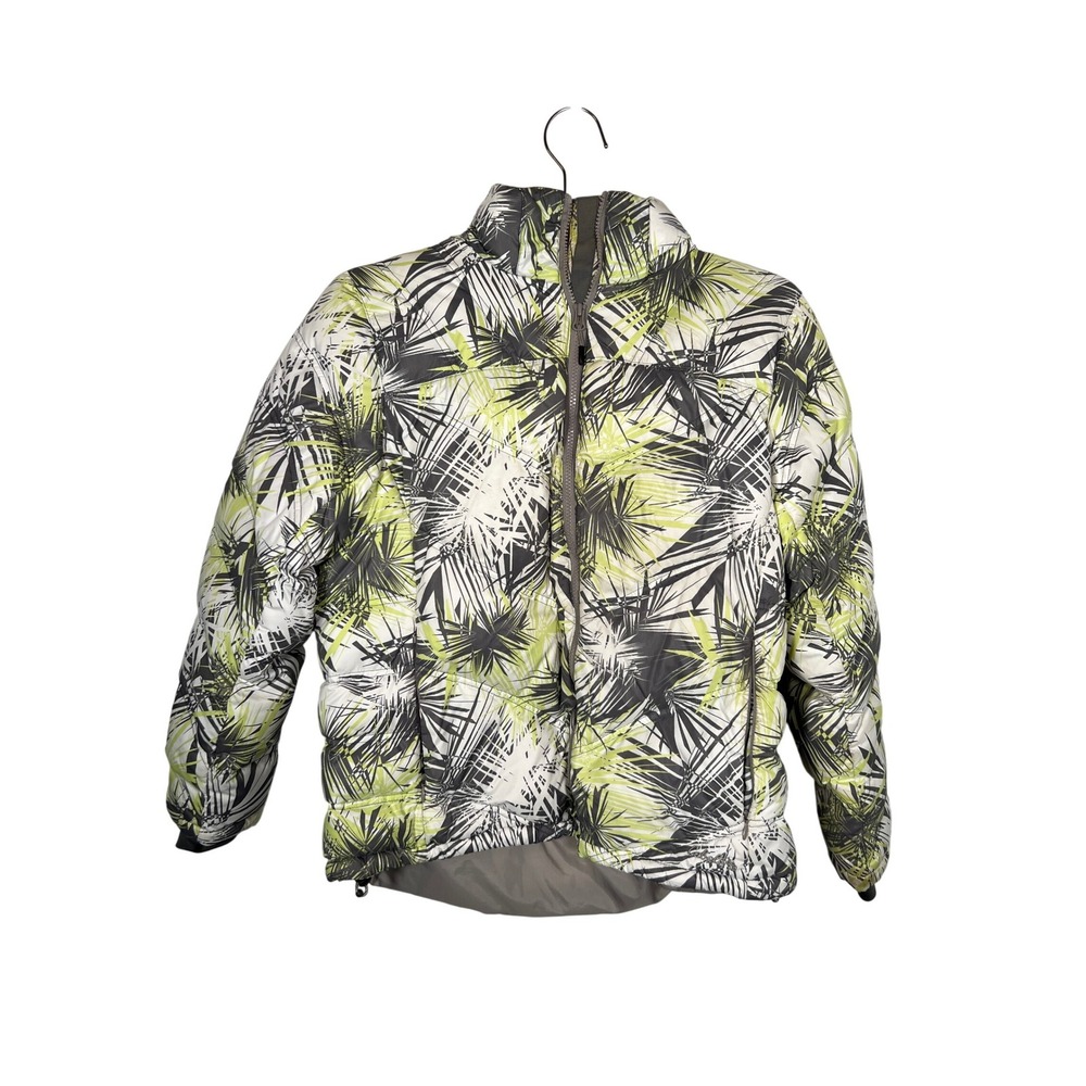 Women's Cabela's Green Grey Palm Print Goose Down Puffer Jacket Hood Medium